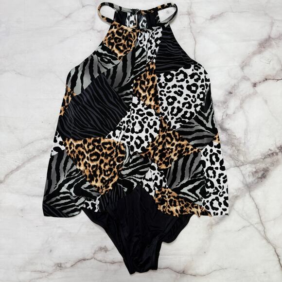 Magicsuit One Piece Swimsuit Size 10 Black Flyaway Animal Print Keyhole Back - Picture 1 of 7